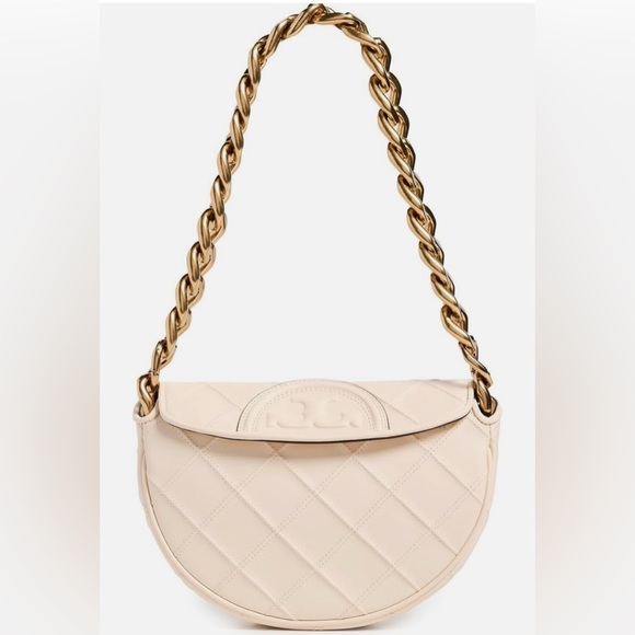 Tory Burch Cream Quilted Shoulder Bag with Gold Chain